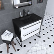 AURLANE - Meuble de salle de bain 80x50 cm Noir MAT - 2 tiroirs BLANC - vasque résine noire effet pierre - vignette