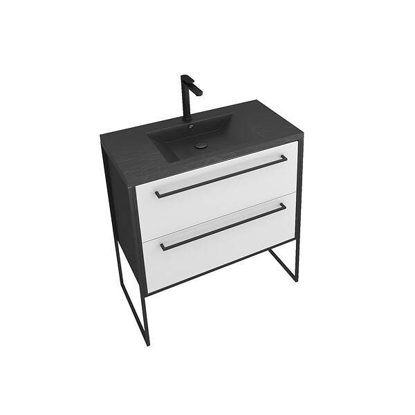 AURLANE - Meuble de salle de bain 80x50 cm Noir MAT - 2 tiroirs BLANC - vasque résine noire effet pierre - large
