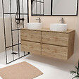 AURLANE - Meuble Salle de Bains 120cm 4 Tiroirs Chêne Naturel - 2 Vasques Rondes 36cm en Céramique Blanche - vignette