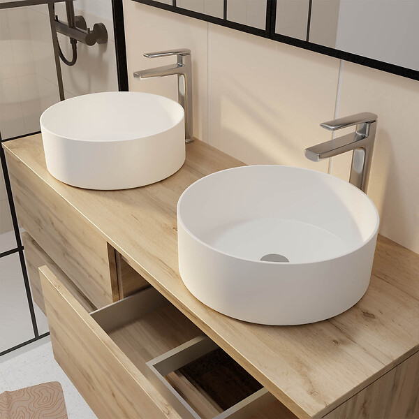 AURLANE - Meuble Salle de Bains 120cm 4 Tiroirs Chêne Naturel - 2 Vasques Rondes 36cm en Céramique Blanche - large