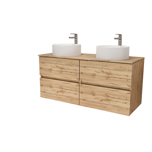 AURLANE - Meuble Salle de Bains 120cm 4 Tiroirs Chêne Naturel - 2 Vasques Rondes 36cm en Céramique Blanche - large
