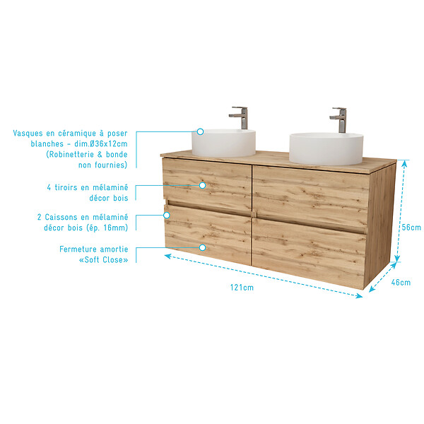 AURLANE - Meuble Salle de Bains 120cm 4 Tiroirs Chêne Naturel - 2 Vasques Rondes 36cm en Céramique Blanche - large