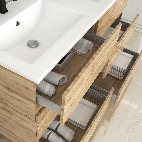 AURLANE - Meuble de salle de bains 120cm 6 Tiroirs_Chêne Naturel + Vasque céramique blanche - TIMBER 120 - large