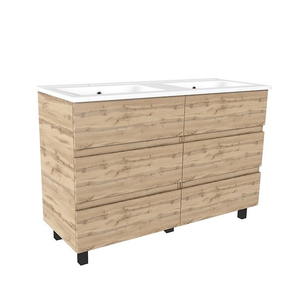 AURLANE - Meuble de salle de bains 120cm 6 Tiroirs_Chêne Naturel + Vasque céramique blanche - TIMBER 120 - large