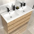 AURLANE - Meuble de salle de bains 120cm 6 Tiroirs_Chêne Naturel + Vasque céramique blanche - TIMBER 120 - vignette