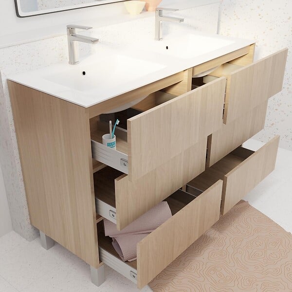AURLANE - Pack Meuble Salle de Bains 120 cm Chêne Clair, 6 tiroirs avec Vasque Céramique - XENOS - large