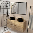 AURLANE - Meuble Salle de Bains 120cm 4 Tiroirs Chêne Naturel, 2 Vasques Noires Ø36cm et 2 Miroirs 55x75 cm - vignette