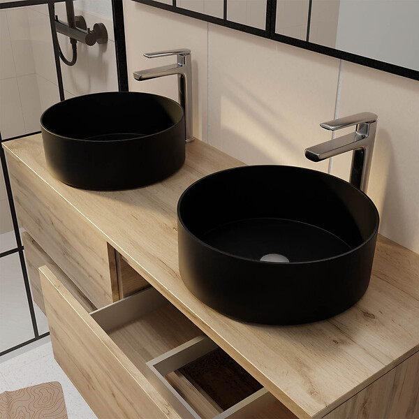 AURLANE - Meuble Salle de Bains 120cm 4 Tiroirs Chêne Naturel, 2 Vasques Noires Ø36cm et 2 Miroirs 55x75 cm - large
