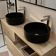 AURLANE - Meuble Salle de Bains 120cm 4 Tiroirs Chêne Naturel, 2 Vasques Noires Ø36cm et 2 Miroirs 55x75 cm - vignette