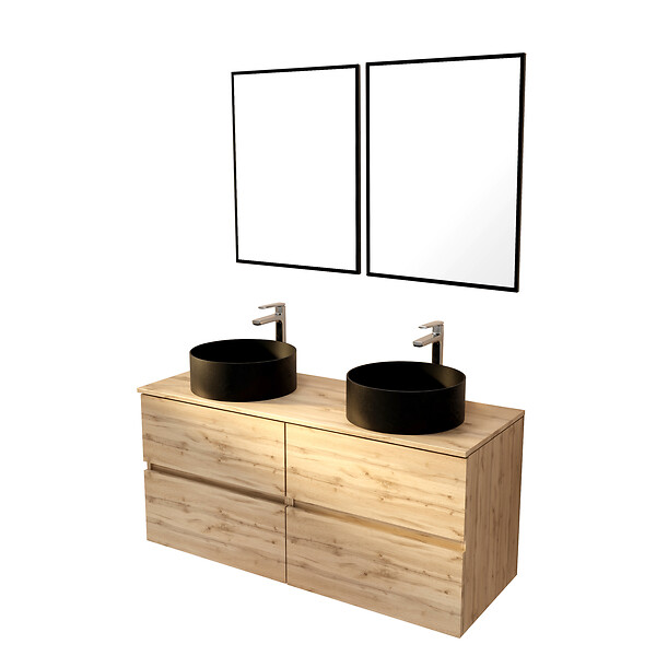 AURLANE - Meuble Salle de Bains 120cm 4 Tiroirs Chêne Naturel, 2 Vasques Noires Ø36cm et 2 Miroirs 55x75 cm - large