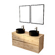 AURLANE - Meuble Salle de Bains 120cm 4 Tiroirs Chêne Naturel, 2 Vasques Noires Ø36cm et 2 Miroirs 55x75 cm - vignette
