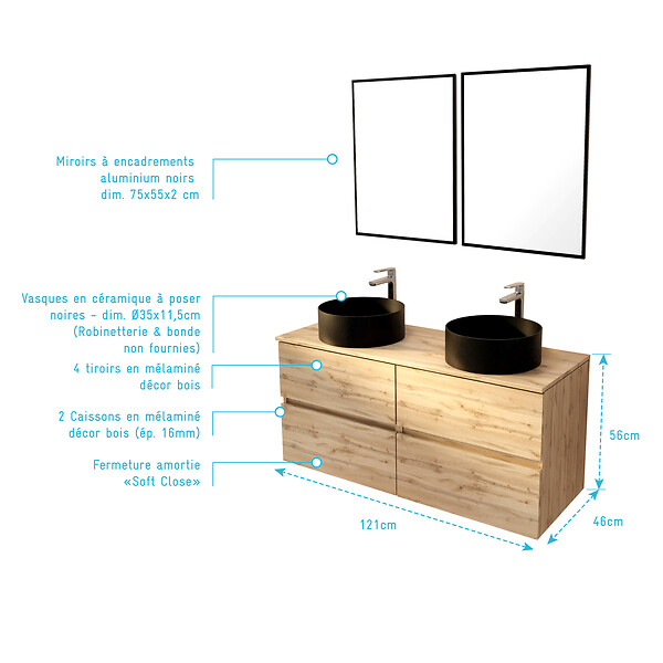 AURLANE - Meuble Salle de Bains 120cm 4 Tiroirs Chêne Naturel, 2 Vasques Noires Ø36cm et 2 Miroirs 55x75 cm - large