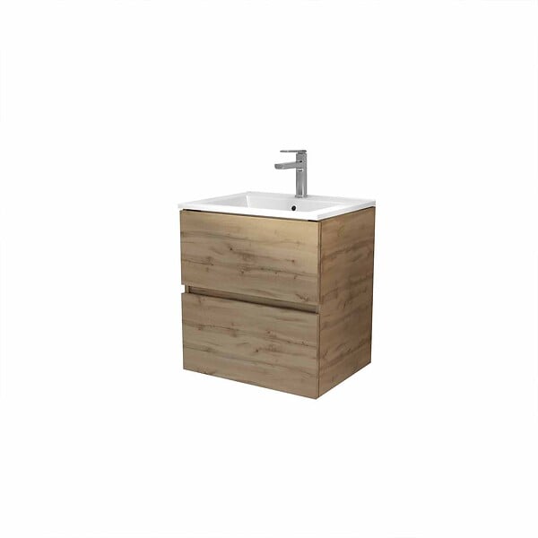 AURLANE - Meuble de salle de bains 50 cm TIMBER - Décor Chêne Naturel 2 tiroirs avec Vasque blanche - large