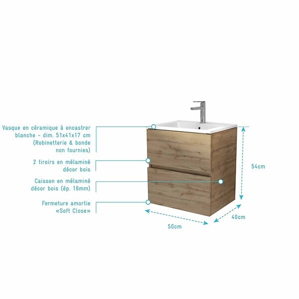 AURLANE - Meuble de salle de bains 50 cm TIMBER - Décor Chêne Naturel 2 tiroirs avec Vasque blanche - large