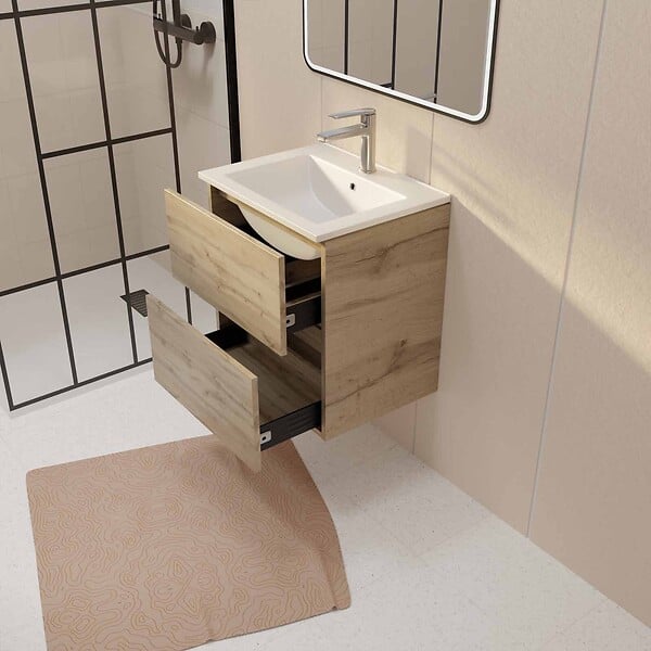 AURLANE - Meuble de salle de bains 50 cm TIMBER - Décor Chêne Naturel 2 tiroirs avec Vasque blanche - large