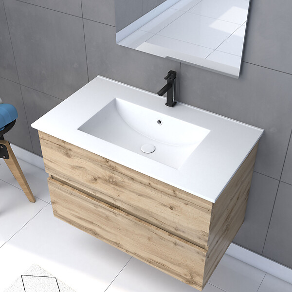AURLANE - Pack Meuble SDB 80cm suspendu 2 tiroirs Chene_Vasque blanche + Miroir Led - TIMBER 80_Pack37 - large