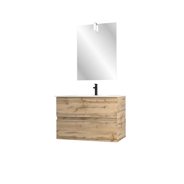 AURLANE - Pack Meuble SDB 80cm suspendu 2 tiroirs Chene_Vasque blanche + Miroir Led - TIMBER 80_Pack37 - large