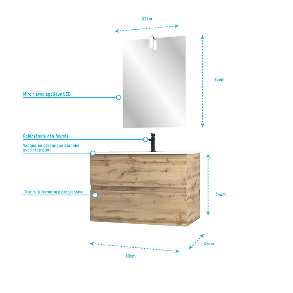 AURLANE - Pack Meuble SDB 80cm suspendu 2 tiroirs Chene_Vasque blanche + Miroir Led - TIMBER 80_Pack37 - large
