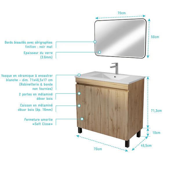AURLANE - Meuble Salle de Bains 70 cm Décor Chêne Naturel à Portes - Vasque céramique blanche et miroir 70x50 - large