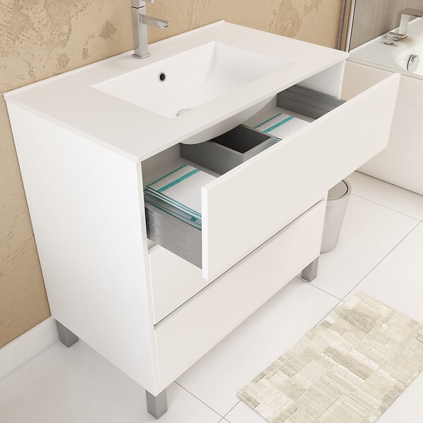 AURLANE - Pack Meuble Salle de Bains 80cm Blanc 3 Tiroirs, Vasque, Miroir 60x80 à Leds intégrées - XENOS - large
