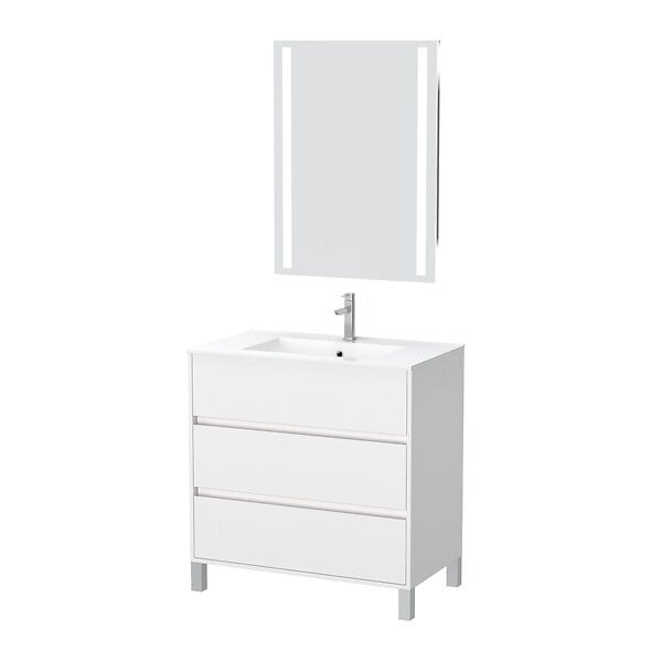 AURLANE - Pack Meuble Salle de Bains 80cm Blanc 3 Tiroirs, Vasque, Miroir 60x80 à Leds intégrées - XENOS - large
