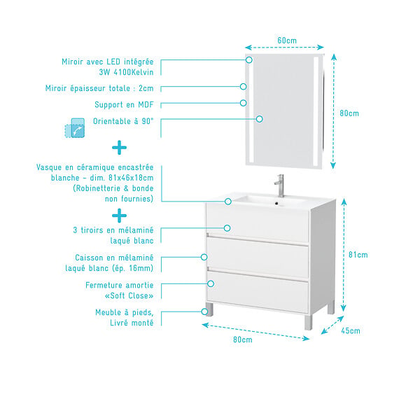 AURLANE - Pack Meuble Salle de Bains 80cm Blanc 3 Tiroirs, Vasque, Miroir 60x80 à Leds intégrées - XENOS - large