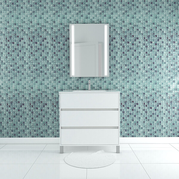AURLANE - Pack Meuble Salle de Bains 80cm Blanc 3 Tiroirs, Vasque, Miroir 60x80 à Leds intégrées - XENOS - large