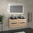 AURLANE - Meuble salle de bains 120cm Chene et noir, Vasques rondes Diam 36cm et Miroir Black Led 120x70 - vignette