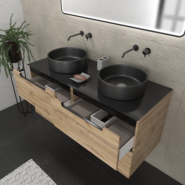 AURLANE - Meuble salle de bains 120cm Chene et noir, Vasques rondes Diam 36cm et Miroir Black Led 120x70 - large