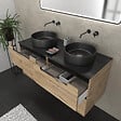 AURLANE - Meuble salle de bains 120cm Chene et noir, Vasques rondes Diam 36cm et Miroir Black Led 120x70 - vignette