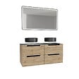 AURLANE - Meuble salle de bains 120cm Chene et noir, Vasques rondes Diam 36cm et Miroir Black Led 120x70 - vignette