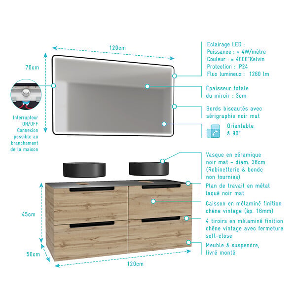 AURLANE - Meuble salle de bains 120cm Chene et noir, Vasques rondes Diam 36cm et Miroir Black Led 120x70 - large