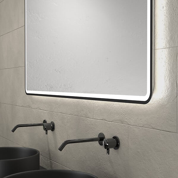 AURLANE - Meuble salle de bains 120cm Chene et noir, Vasques rondes Diam 36cm et Miroir Black Led 120x70 - large