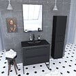 AURLANE - Pack meuble de salle de bain 80x50 cm Noir - 2 tiroirs - vasque noire - miroir - colonne suspendu - vignette