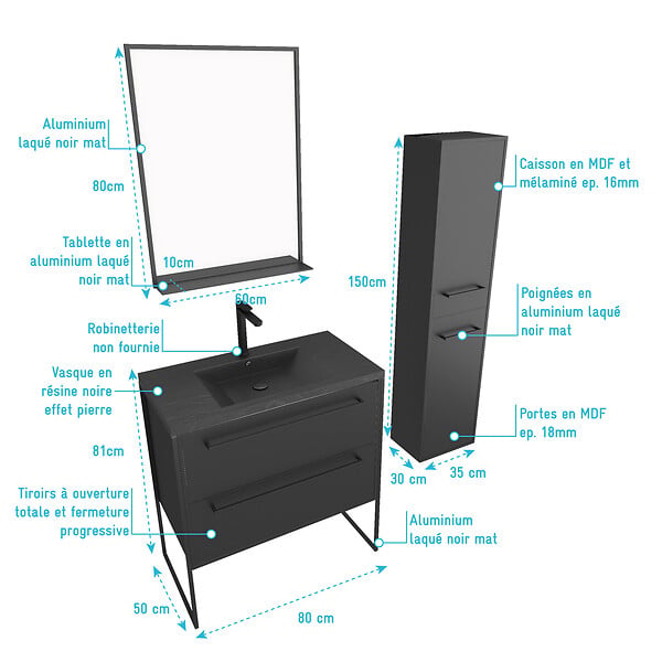 AURLANE - Pack meuble de salle de bain 80x50 cm Noir - 2 tiroirs - vasque noire - miroir - colonne suspendu - large