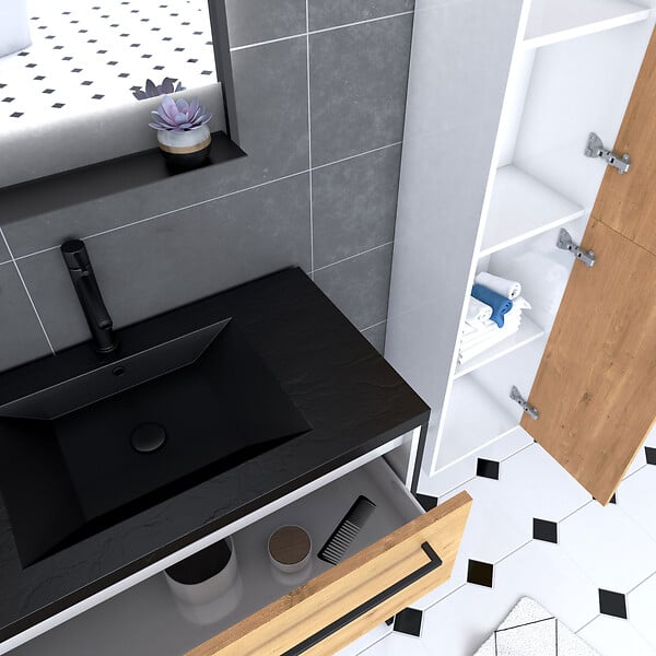 AURLANE - Meuble Salle de Bains 80 cm, Vasque Noire, Miroir Led et Colonne - Blanc et Chêne - STRUCTURA - large