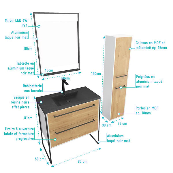 AURLANE - Meuble Salle de Bains 80 cm, Vasque Noire, Miroir Led et Colonne - Blanc et Chêne - STRUCTURA - large