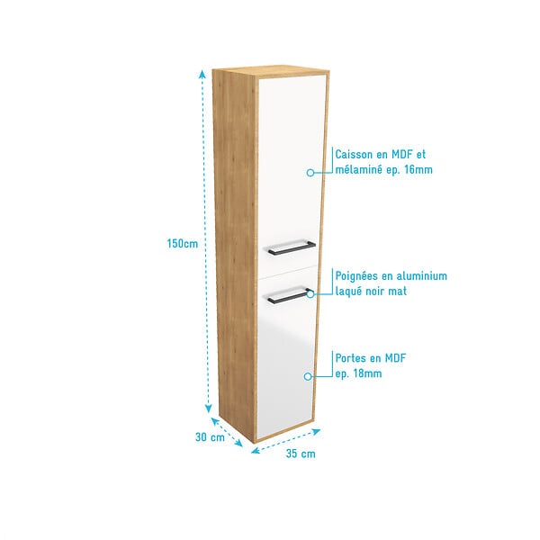 AURLANE - Meuble colonne de douche 30x35 cm suspendu - 2 portes finition blanc mat - large