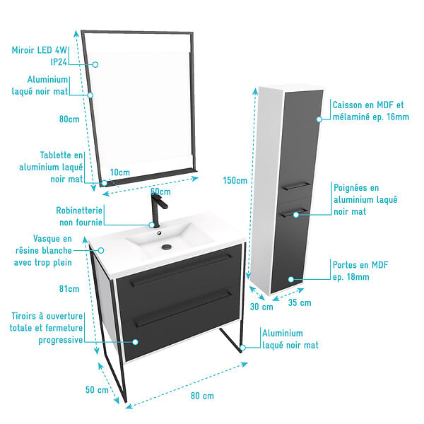 AURLANE - Meuble Salle de Bains 80 cm, Vasque Blanche, Miroir Led et Colonne - Blanc et Noir - STRUCTURA - large