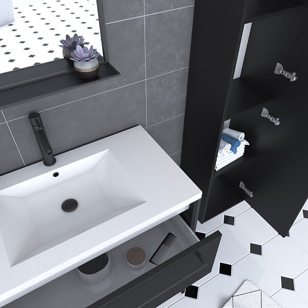 AURLANE - Pack meuble de salle de bain 80x50 cm Noir - 2 tiroirs - vasque blanche - miroir - colonne suspendu - large