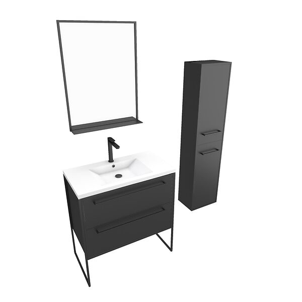 AURLANE - Pack meuble de salle de bain 80x50 cm Noir - 2 tiroirs - vasque blanche - miroir - colonne suspendu - large