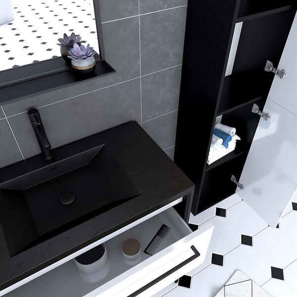 AURLANE - Pack meuble de salle de bain 80x50 cm - 2 tiroirs blanc - vasque noir - miroir - colonne suspendu - large
