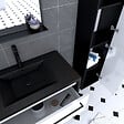 AURLANE - Pack meuble de salle de bain 80x50 cm - 2 tiroirs blanc - vasque noir - miroir - colonne suspendu - vignette