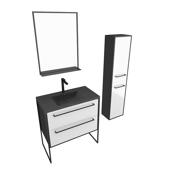 AURLANE - Pack meuble de salle de bain 80x50 cm - 2 tiroirs blanc - vasque noir - miroir - colonne suspendu - large