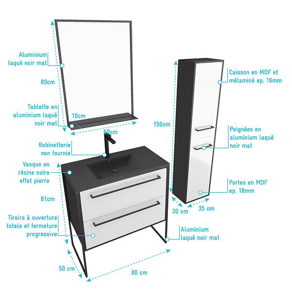 AURLANE - Pack meuble de salle de bain 80x50 cm - 2 tiroirs blanc - vasque noir - miroir - colonne suspendu - large