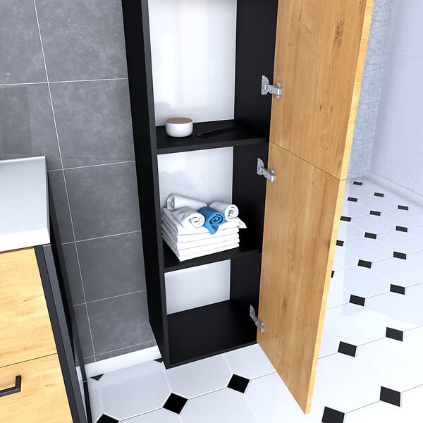 AURLANE - Colonne de salle de bain noir mat 30x35x150cm 2 portes chêne naturel poignées noir mat - STRUCTURA - large