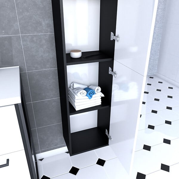 AURLANE - Colonne de salle de bain NOIR MAT 30x35x150 cm avec 2 portes blanches et poignées noir mat - large