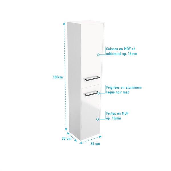 AURLANE - Colonne de salle de bain blanche 30x35x150 cm - 2 portes blanches poignees noir mat - STRUCTURA P015 - large