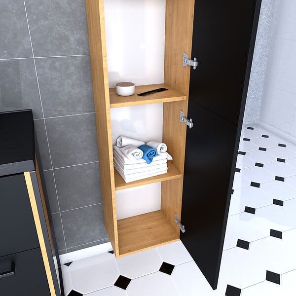 AURLANE - Colonne de salle de bain chene brun 30x35x150 cm avec 2 portes et poignees noir mat - STRUCTURA F083 - large