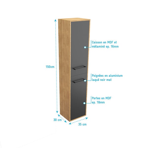 AURLANE - Colonne de salle de bain chene brun 30x35x150 cm avec 2 portes et poignees noir mat - STRUCTURA F083 - large